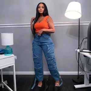 Womens Y2K Jeans Baggy High Waisted Cargo Denim Pants Straight Wide Leg with Flap Pockets