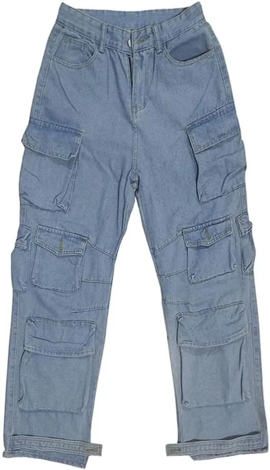 Womens Y2K Jeans Baggy High Waisted Cargo Denim Pants Straight Wide Leg with Flap Pockets
