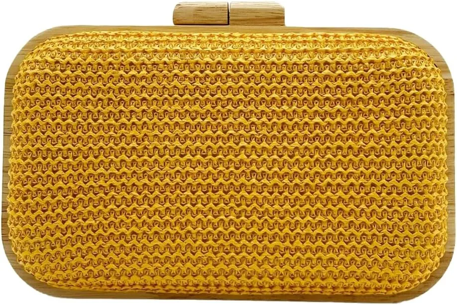 Wooden Clutch Purse for Women Straw Woven Evening Bag 2025 Bright Color Straw Handbag Chain Shoulder Bag for Party Prom