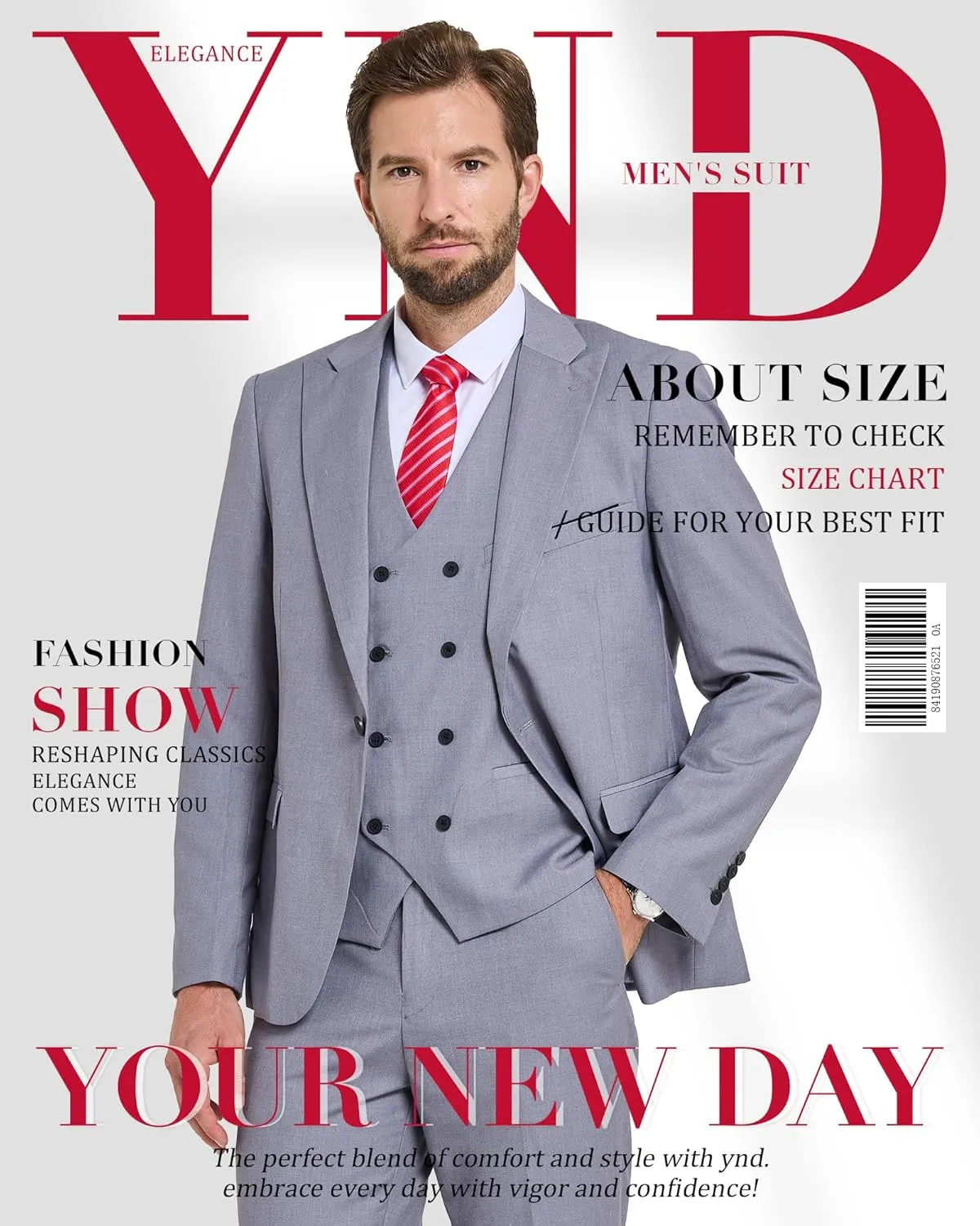 YND Men's 3 Piece Slim Fit Suit Set, One Button Peak Lapel Solid Business Blazer Jacket, Double Breasted Vest Pants and Tie