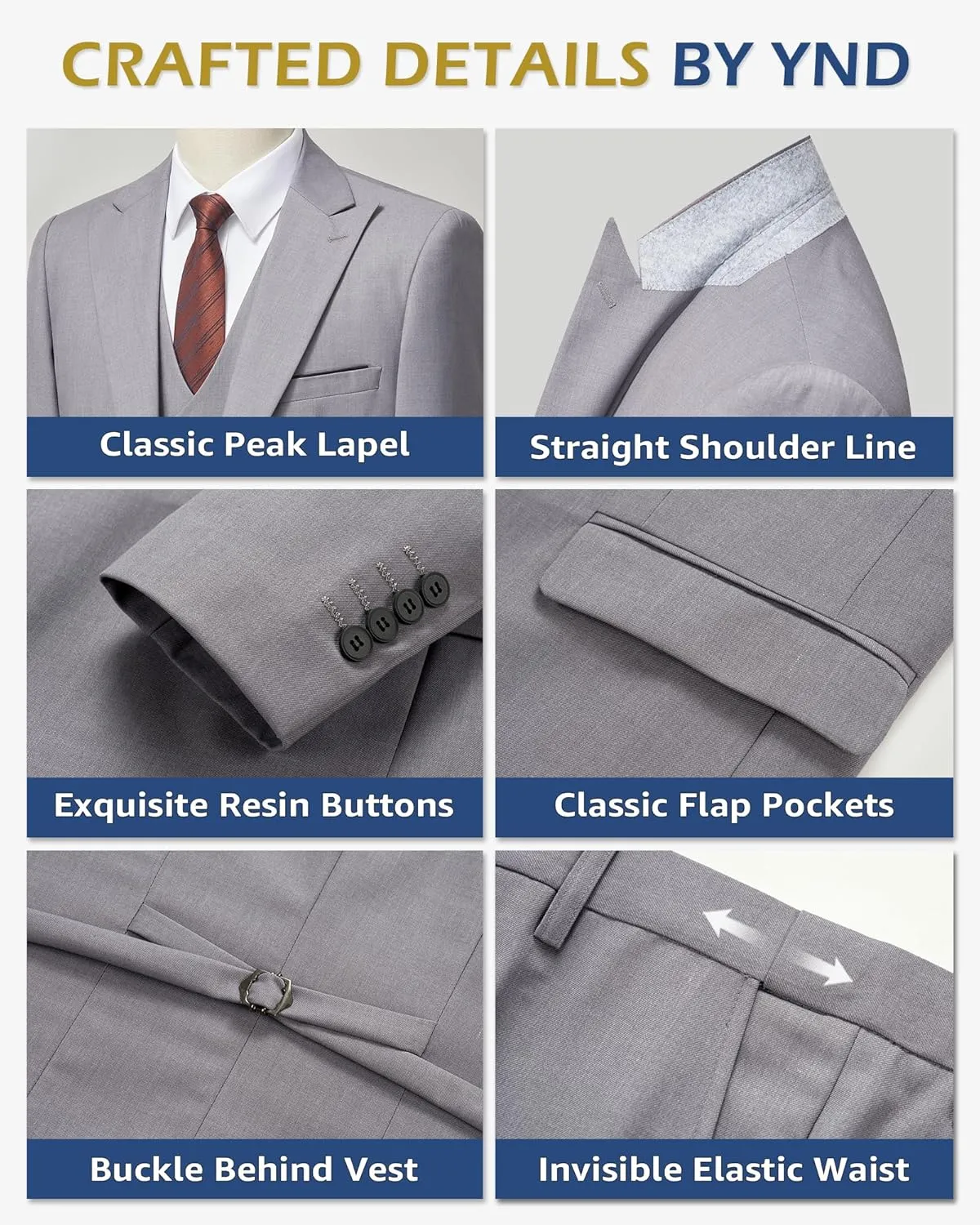 YND Men's 3 Piece Slim Fit Suit Set, One Button Peak Lapel Solid Business Blazer Jacket, Double Breasted Vest Pants and Tie