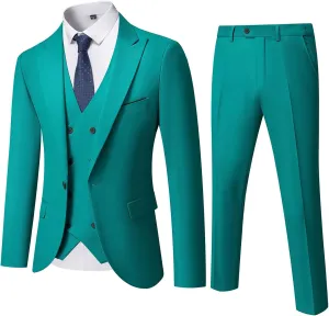 YND Men's 3 Piece Slim Fit Suit Set, One Button Peak Lapel Solid Business Blazer Jacket, Double Breasted Vest Pants and Tie