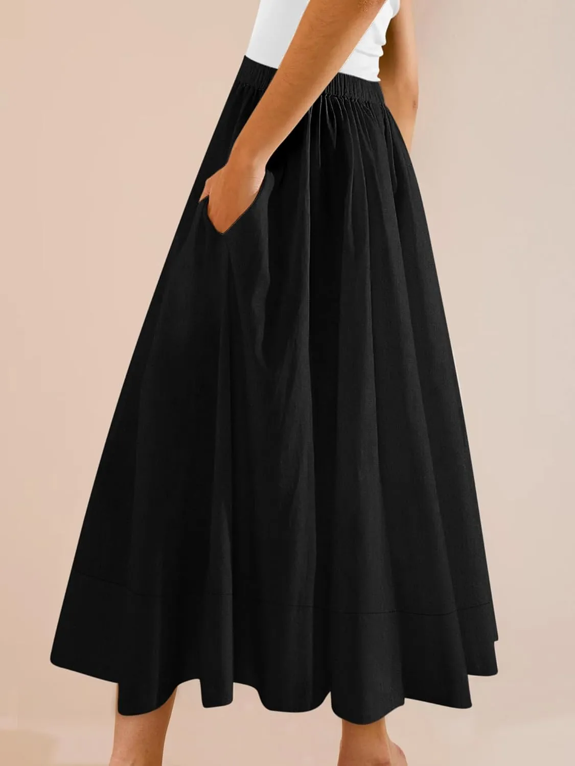 Yousify Womens A-Line Midi Skirts Casual Elastic High Waist Flowy Swing Pleated Beach Boho Long Skirt with Pocket