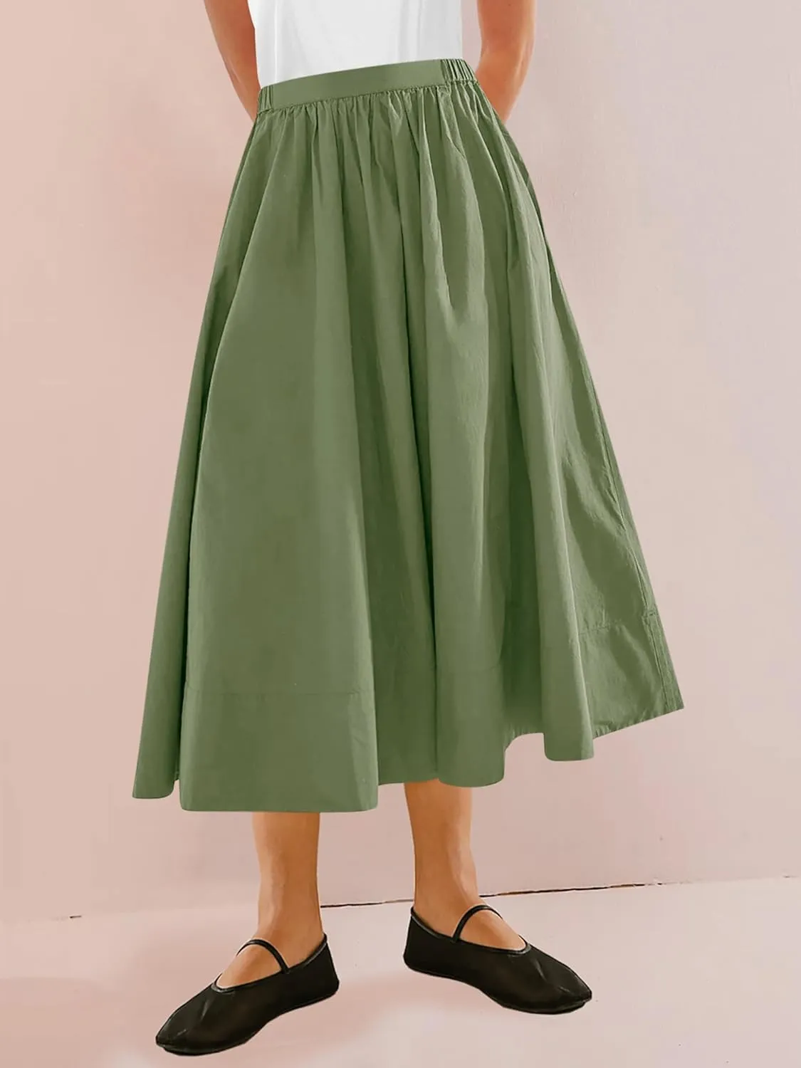 Yousify Womens A-Line Midi Skirts Casual Elastic High Waist Flowy Swing Pleated Beach Boho Long Skirt with Pocket