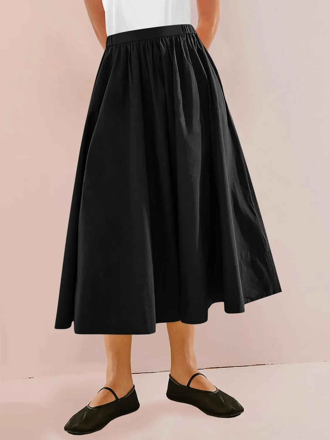 Yousify Womens A-Line Midi Skirts Casual Elastic High Waist Flowy Swing Pleated Beach Boho Long Skirt with Pocket