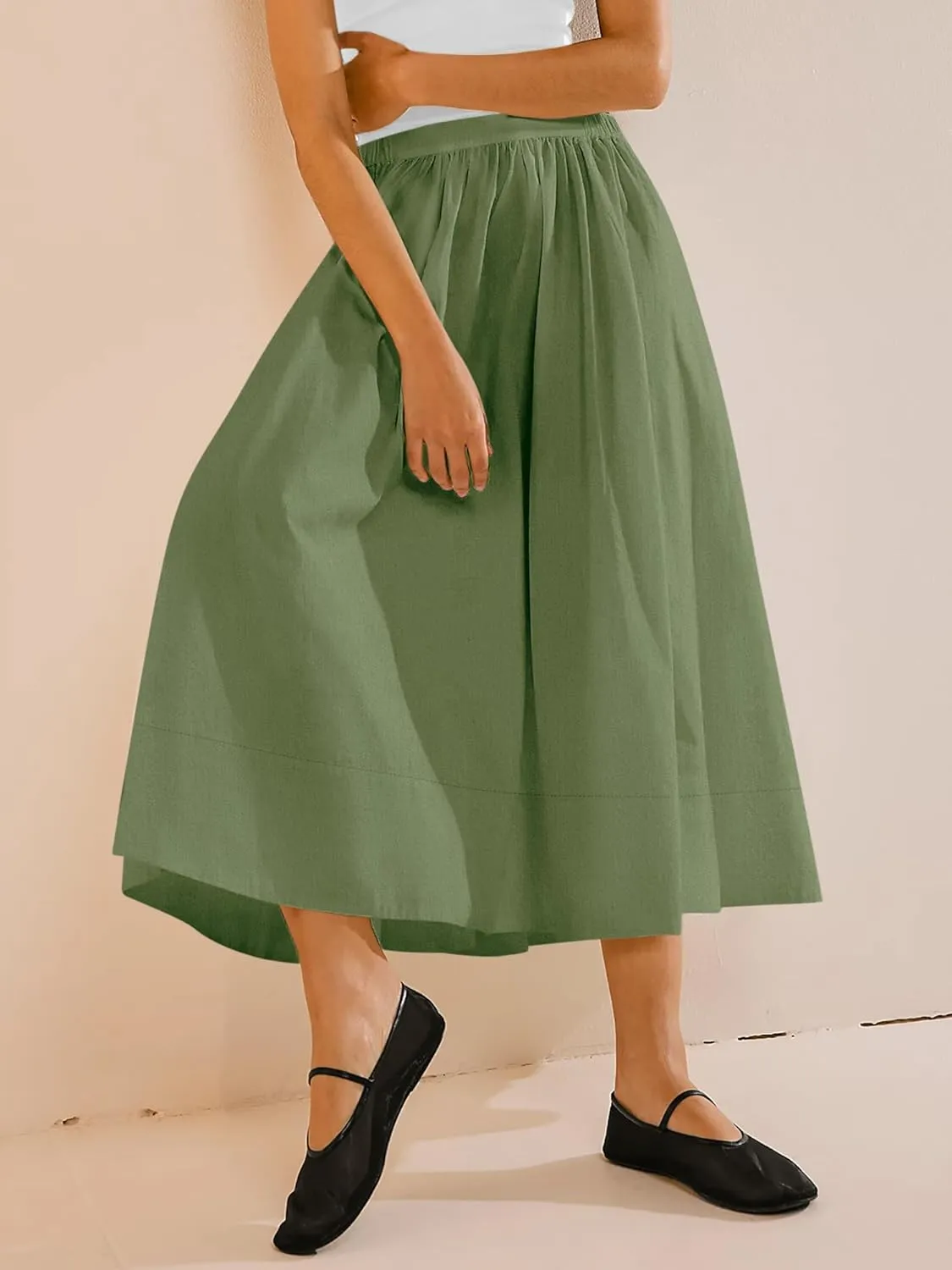 Yousify Womens A-Line Midi Skirts Casual Elastic High Waist Flowy Swing Pleated Beach Boho Long Skirt with Pocket