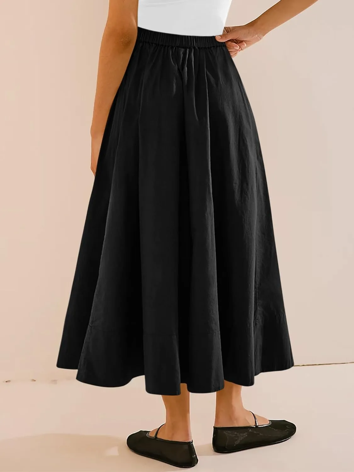 Yousify Womens A-Line Midi Skirts Casual Elastic High Waist Flowy Swing Pleated Beach Boho Long Skirt with Pocket