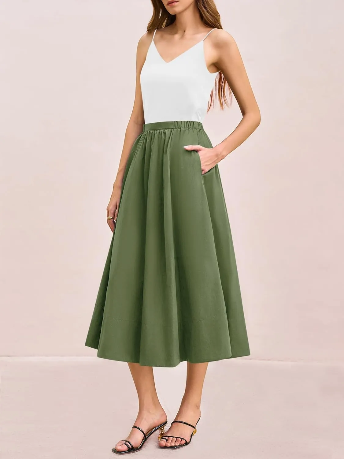 Yousify Womens A-Line Midi Skirts Casual Elastic High Waist Flowy Swing Pleated Beach Boho Long Skirt with Pocket