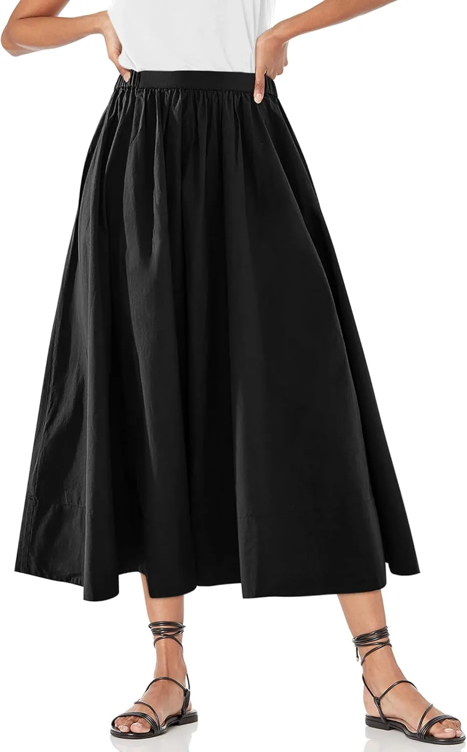 Yousify Womens A-Line Midi Skirts Casual Elastic High Waist Flowy Swing Pleated Beach Boho Long Skirt with Pocket