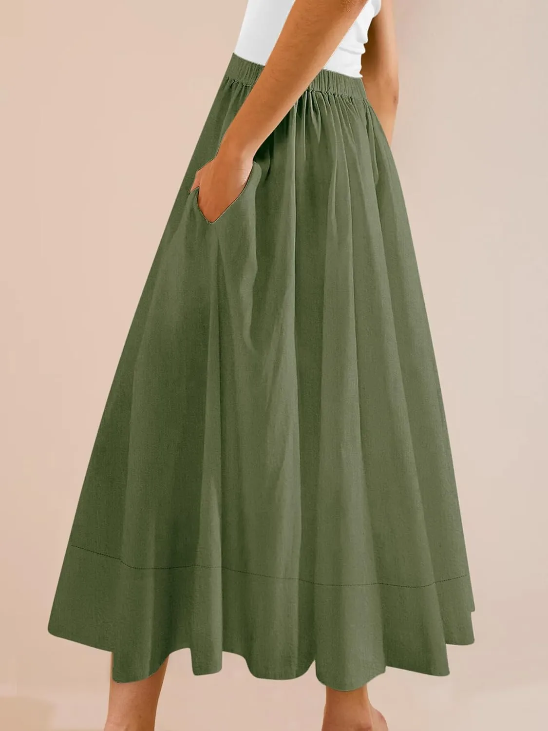 Yousify Womens A-Line Midi Skirts Casual Elastic High Waist Flowy Swing Pleated Beach Boho Long Skirt with Pocket