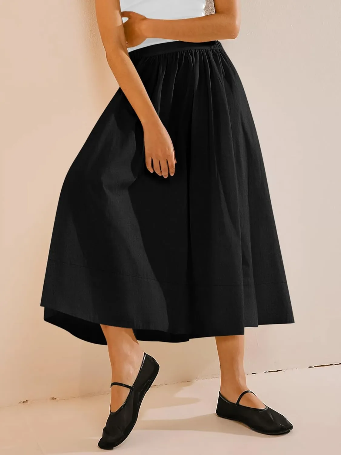 Yousify Womens A-Line Midi Skirts Casual Elastic High Waist Flowy Swing Pleated Beach Boho Long Skirt with Pocket