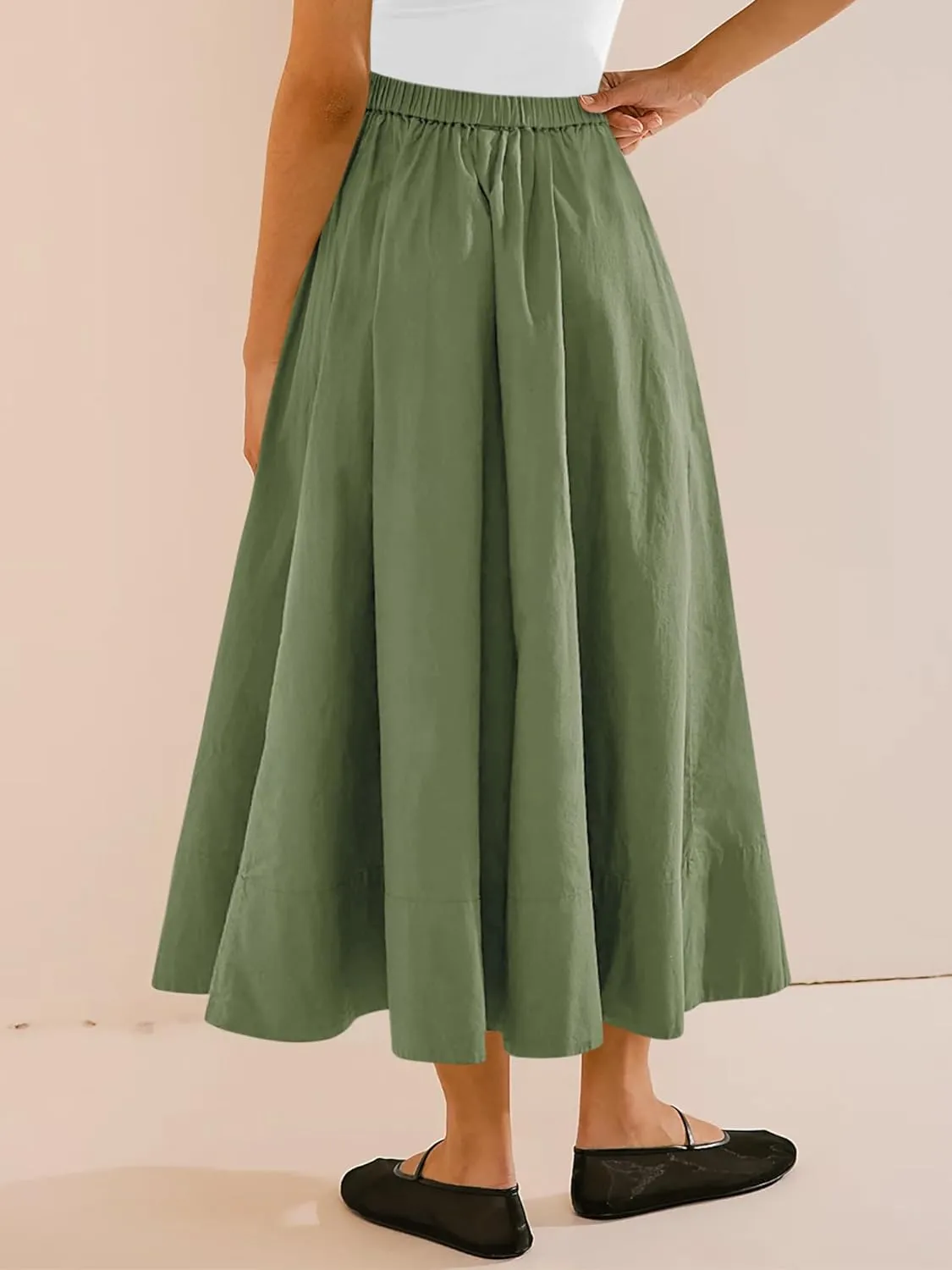 Yousify Womens A-Line Midi Skirts Casual Elastic High Waist Flowy Swing Pleated Beach Boho Long Skirt with Pocket