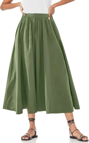Yousify Womens A-Line Midi Skirts Casual Elastic High Waist Flowy Swing Pleated Beach Boho Long Skirt with Pocket