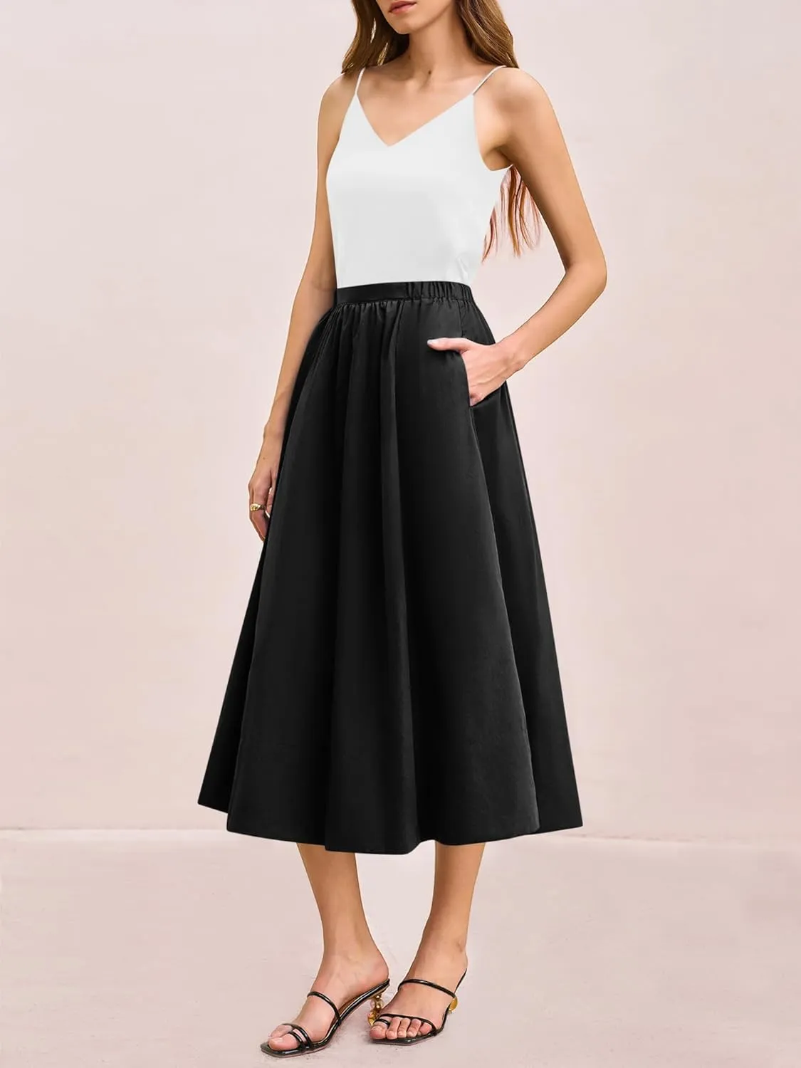Yousify Womens A-Line Midi Skirts Casual Elastic High Waist Flowy Swing Pleated Beach Boho Long Skirt with Pocket