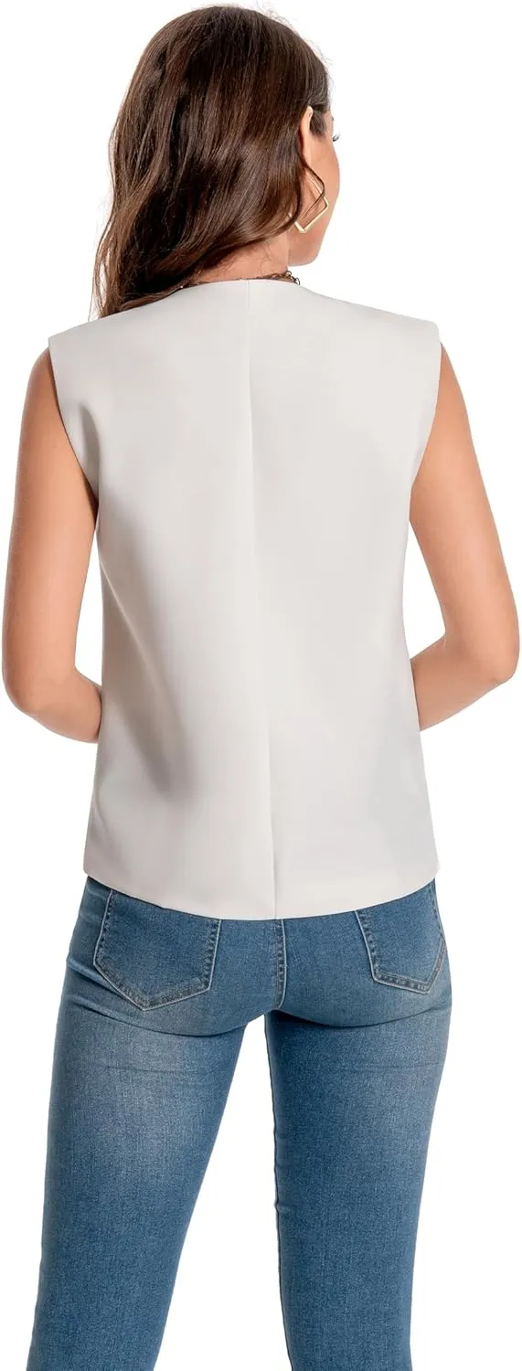 YYNUDA Women's Vest One Front Solid V Neck Casual Lightweight Sleeveless Blazer Waistcoat with Pockets