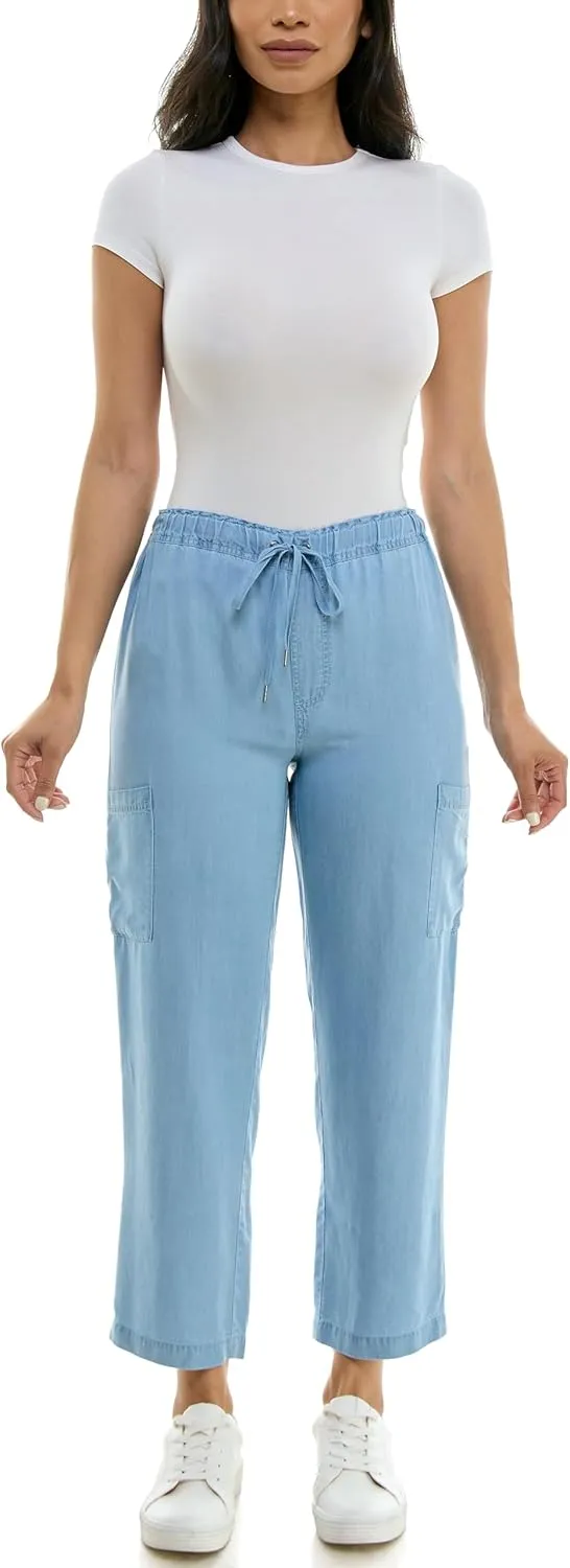 Zac & Rachel Women's Tencel Ankle Length Pant with Elastic Wasitband, Self Adjustible Belt and Functional Side Cargo Pockets