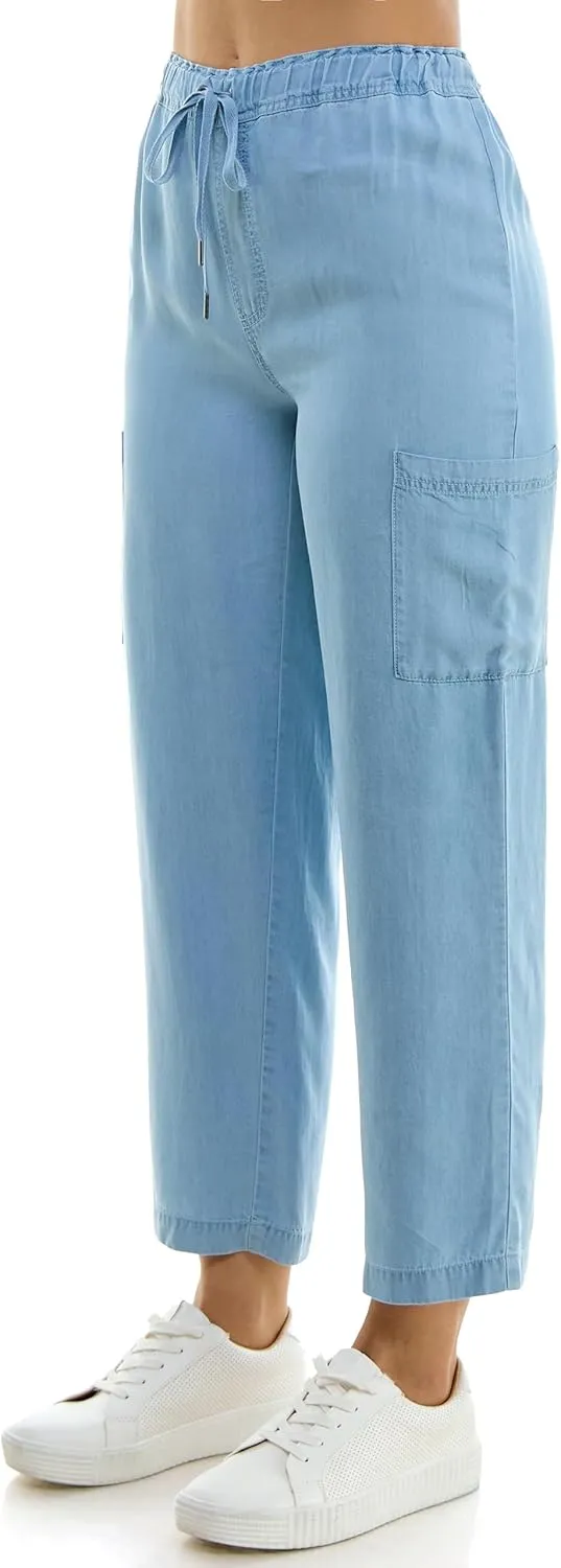 Zac & Rachel Women's Tencel Ankle Length Pant with Elastic Wasitband, Self Adjustible Belt and Functional Side Cargo Pockets