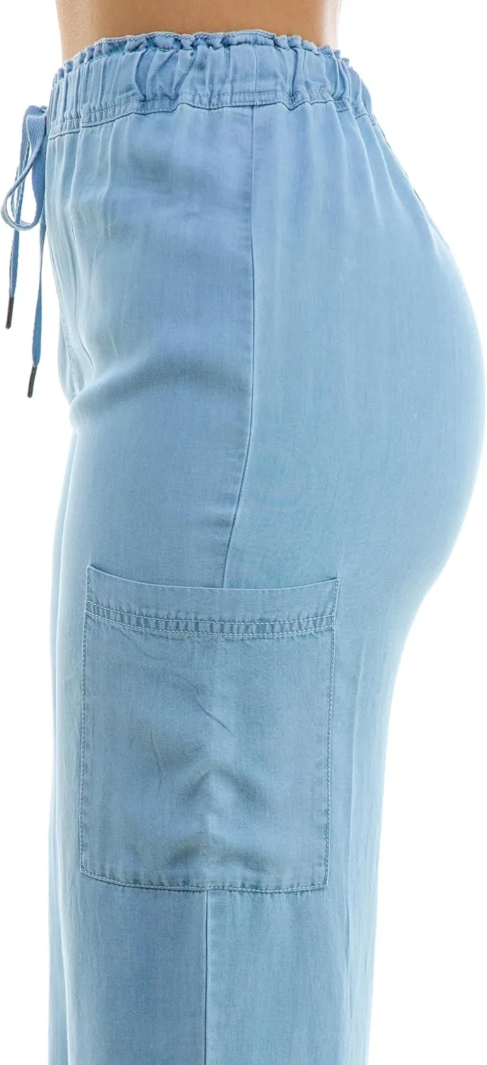 Zac & Rachel Women's Tencel Ankle Length Pant with Elastic Wasitband, Self Adjustible Belt and Functional Side Cargo Pockets