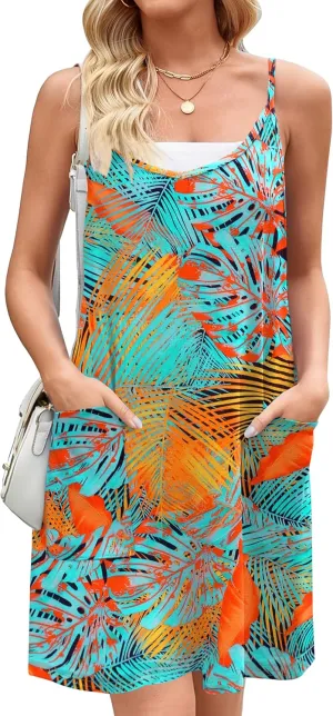 Zeagoo Women Summer Dresses Casual Beach Vacation Dress Spaghetti Strap Sundress Sleeveless Mini Short Dress with Pockets