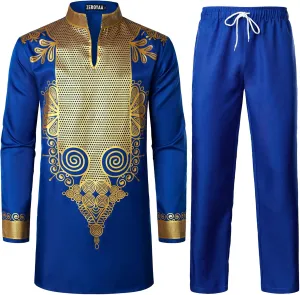 ZEROYAA Men's Africa Suit Long Sleeve Bronzing Print Shirt and Pants Outfit Traditional 2 Piece Set